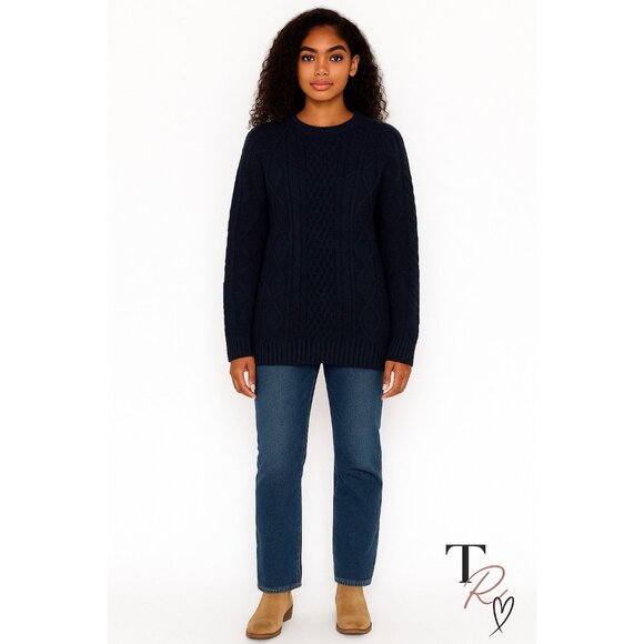 GAP Navy Blue Cable Knit Fisherman Sweater Size Small TALL/Long Length - Picture 1 of 10